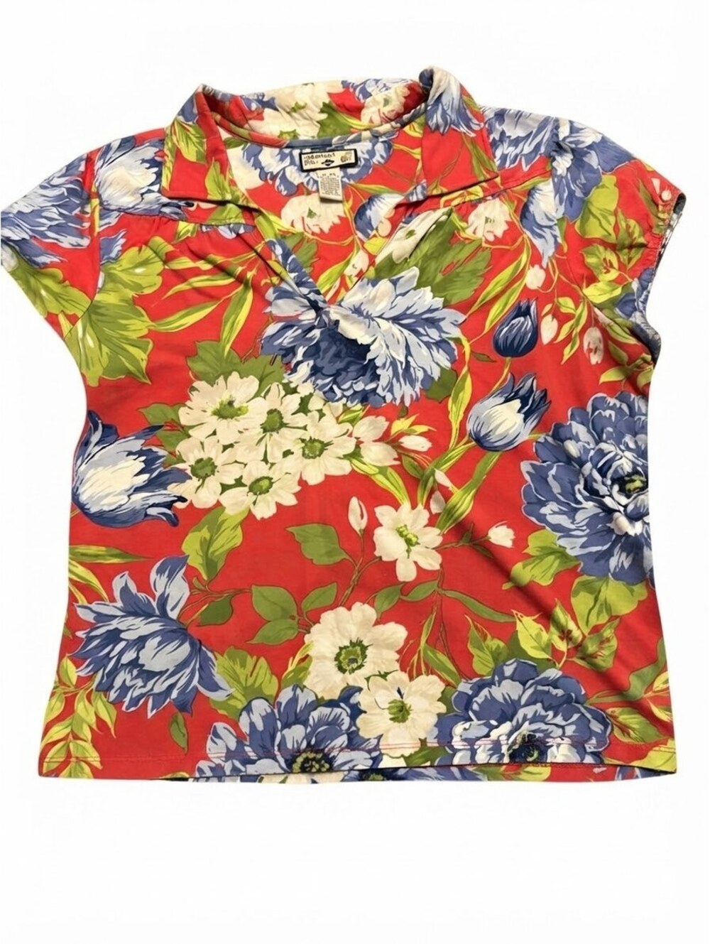 Caribbean Joe Floral V-Neck Polo Shirt Womens XL Red Blue Short Sleeve Cotton